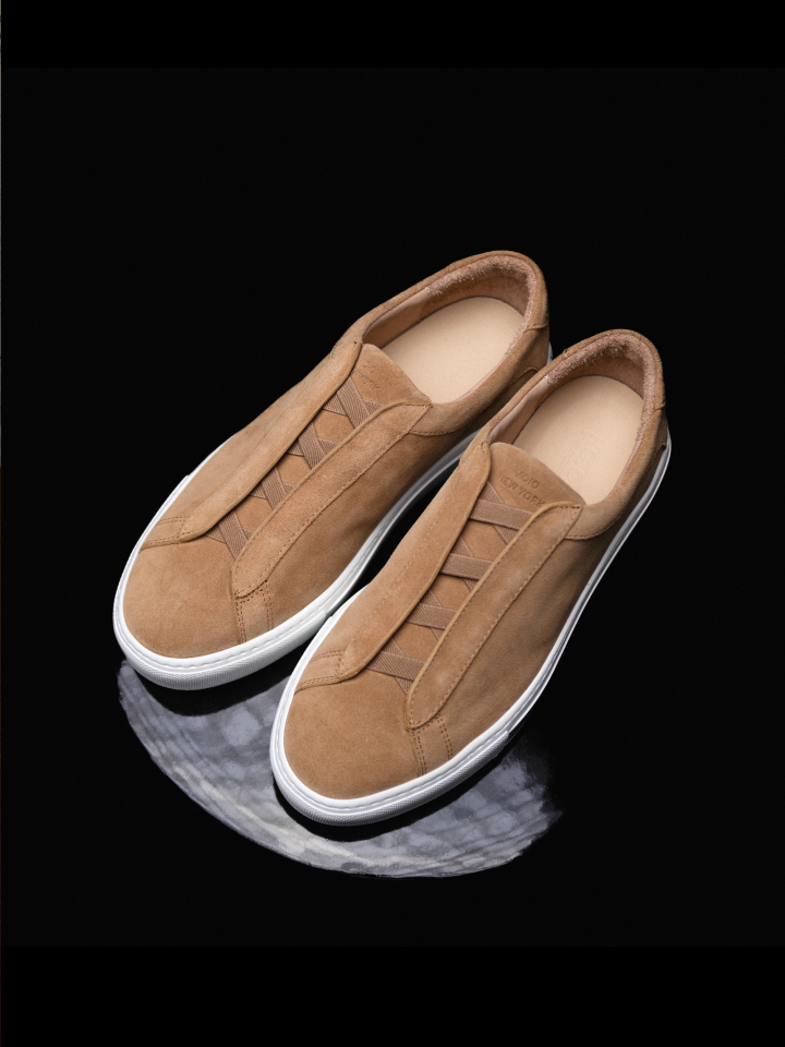 Pair of men's Italian light brown suede leather sneakers with white rubber soles