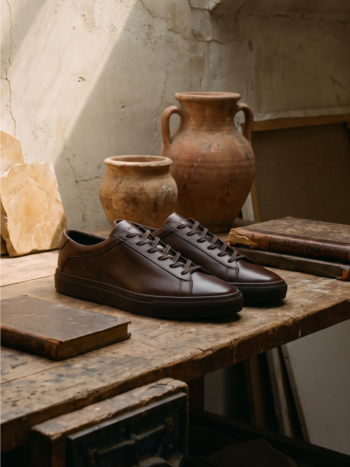 A pair of men's brown Italian leather lace-up dress sneakers on top of an artisans table with books and pottery