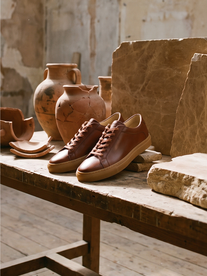 A pair of men's caramel brown Italian leather lace-up sneakers on an artisans table with pottery